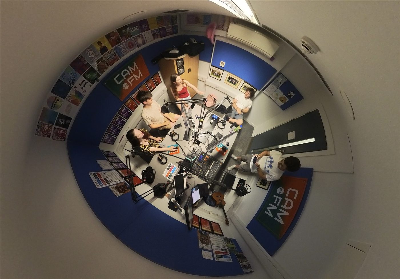 Fisheye view of the CamFM studio during a show